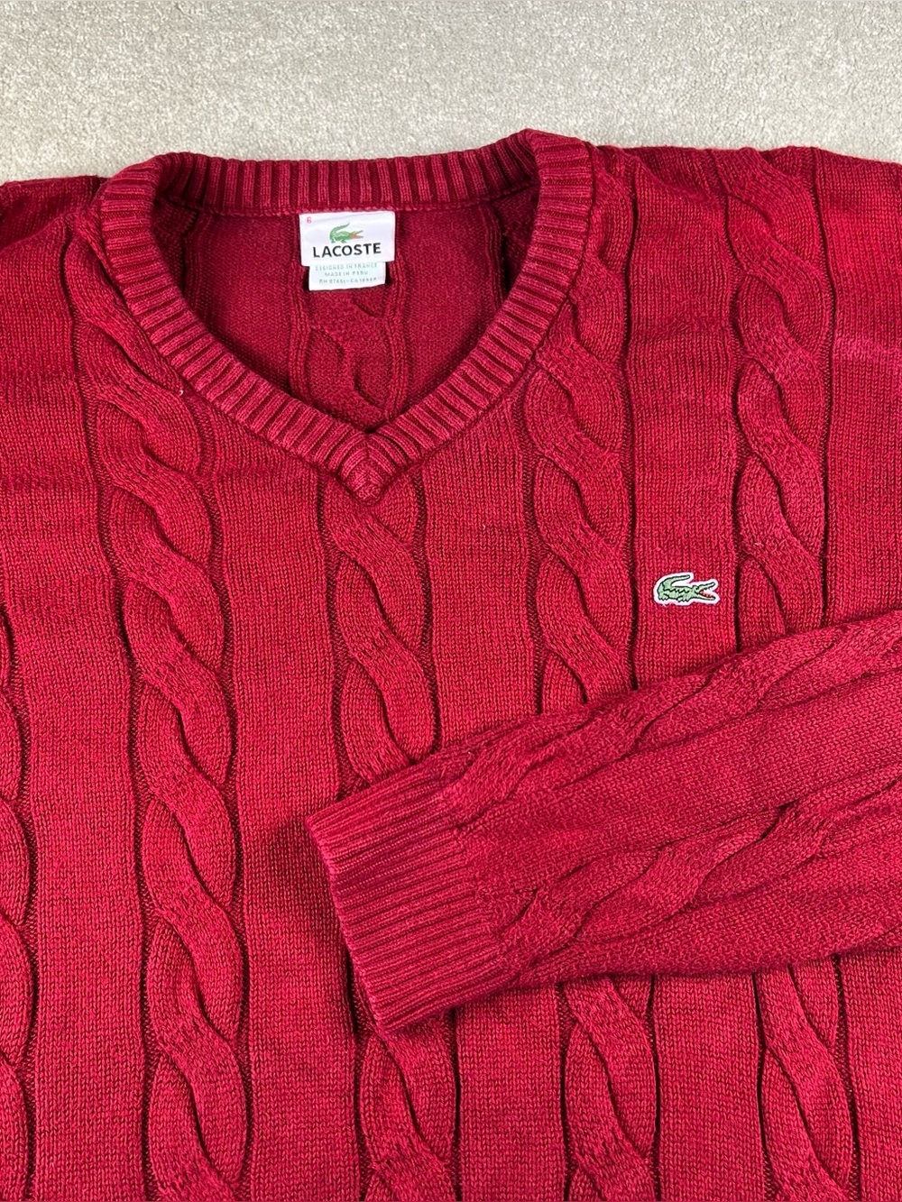 Lacoste Sweater Men's 6/XL Red V Neck Cable Knit Pullover Flawed